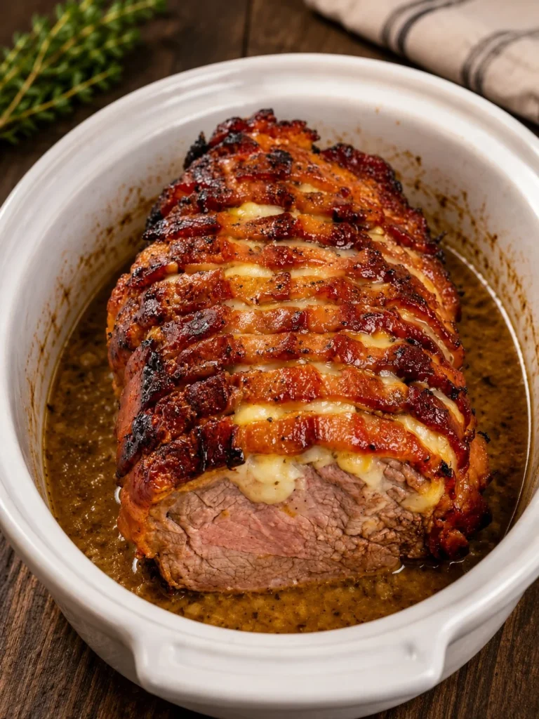 Slow cooker bacon-wrapped sirloin cooked to perfection with savory spices