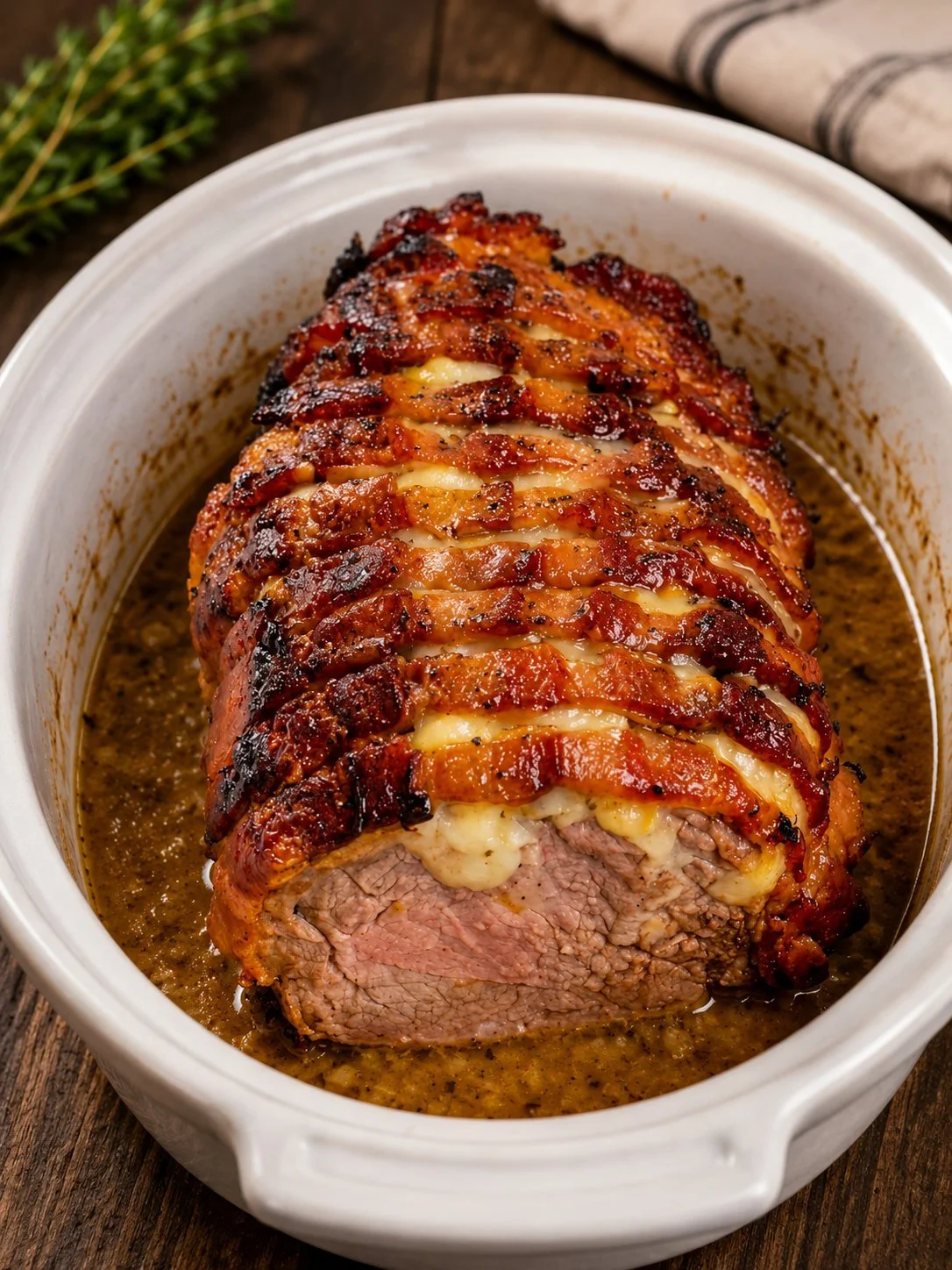 Slow cooker bacon-wrapped sirloin cooked to perfection with savory spices
