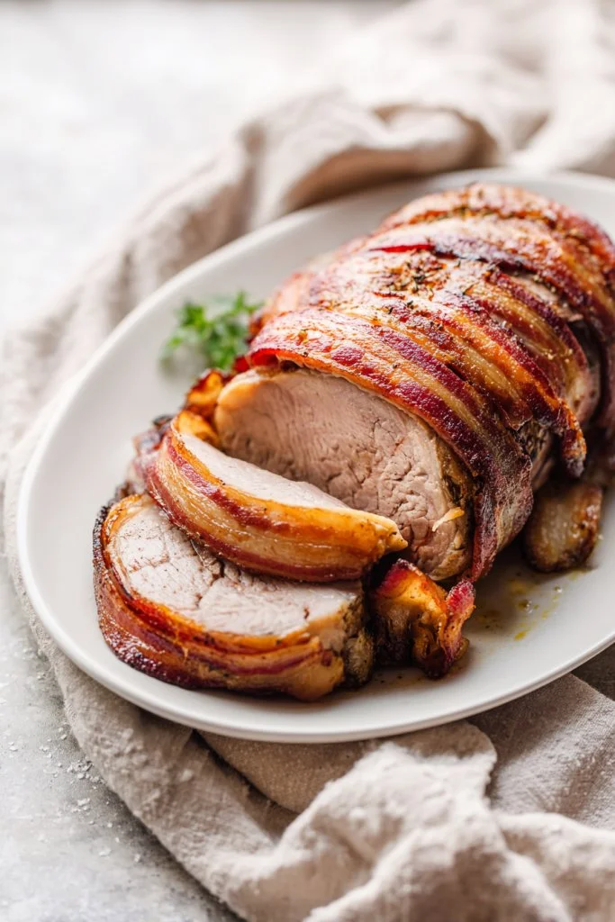 Slow Cooker Bacon Wrapped Sirloin ready to serve with a side dish