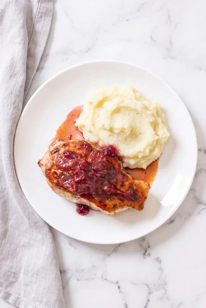 Delicious slow cooker balsamic cranberry pork chops served on a plate.