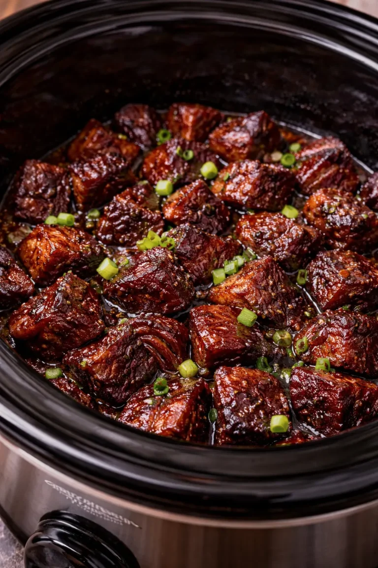 A vertical, close-up shot of a black slow cooker filled with bite-sized beef burnt ends. The cubes of meat are coated in a thick, glistening dark-brown BBQ glaze and garnished with fresh, bright green sliced onions. The background shows the rim of a stainless steel slow cooker.