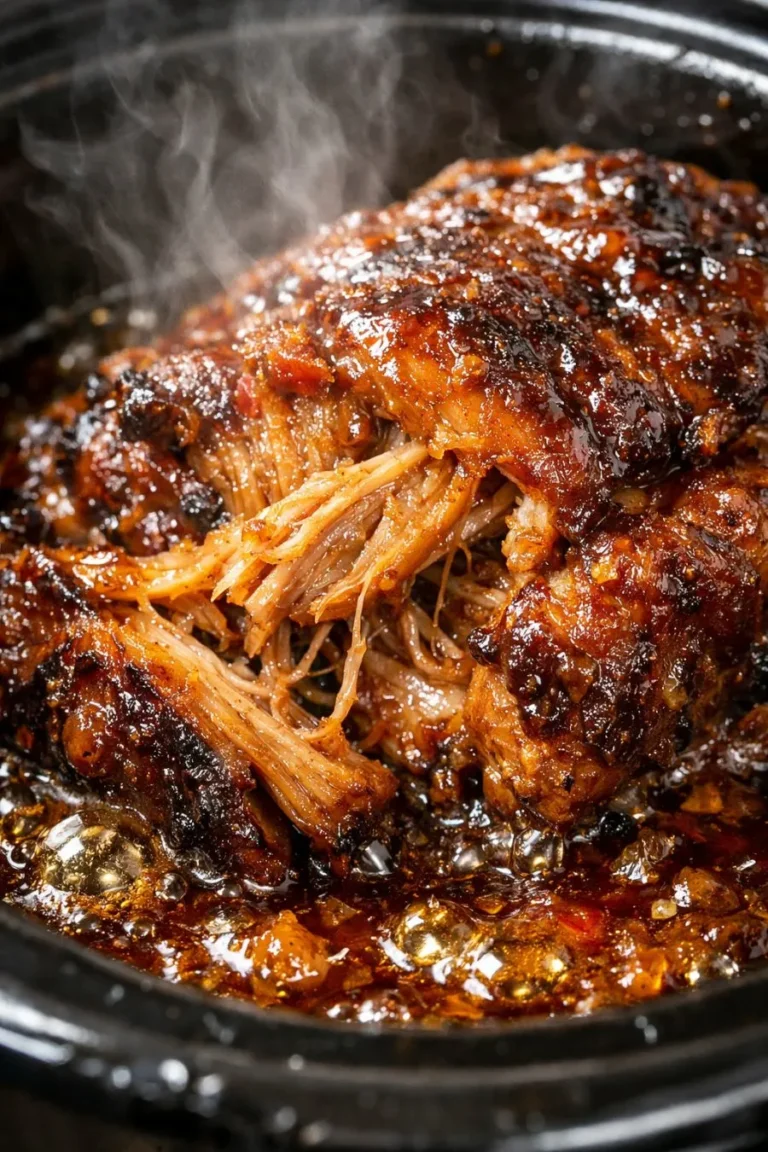 A vertical, extreme close-up of slow cooker BBQ pulled pork being shredded with a fork. The meat is glistening with a dark, sticky mahogany glaze and showing tender, succulent fibers. Bubbling sauce and wisps of steam are visible in the dark slow cooker pot.