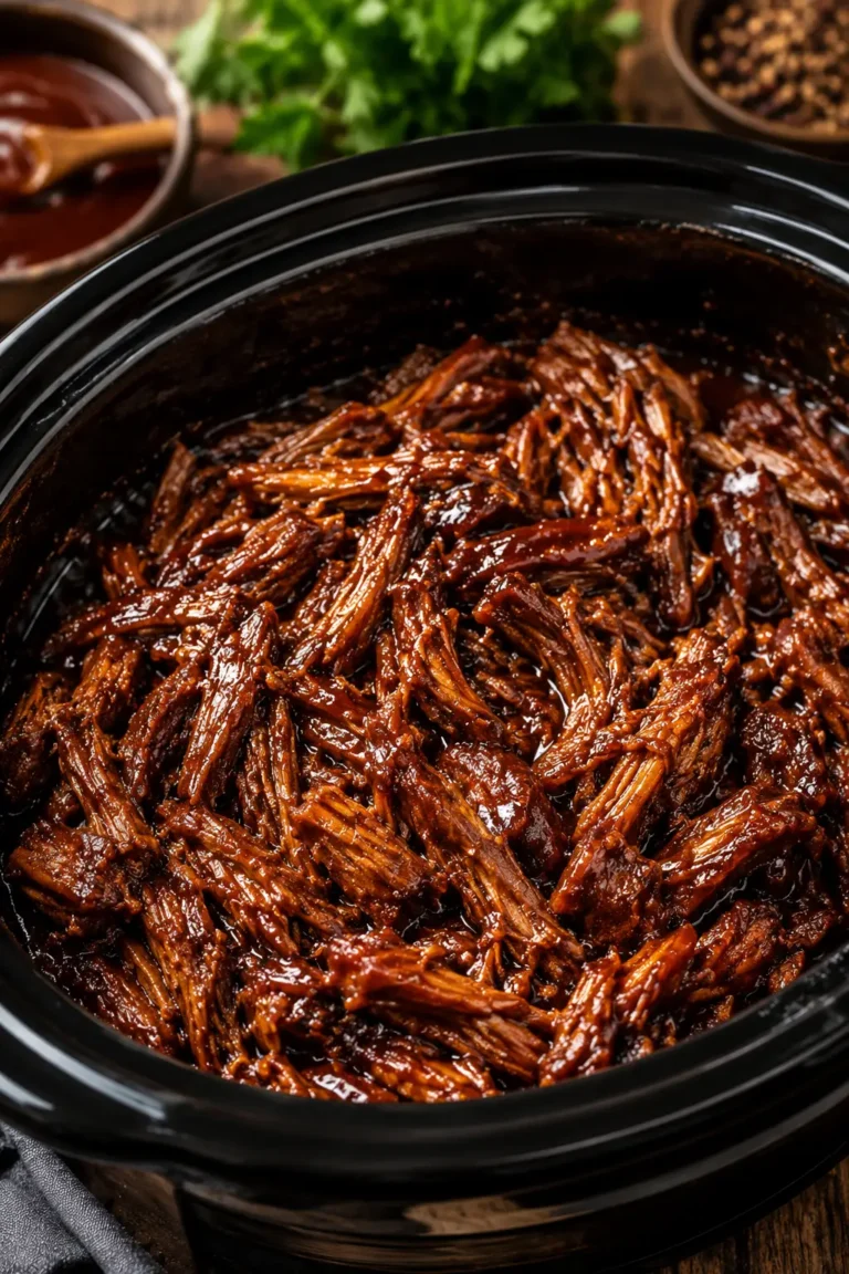 Tender slow cooker BBQ pulled beef coated in smoky homemade barbecue sauce inside a black crockpot.