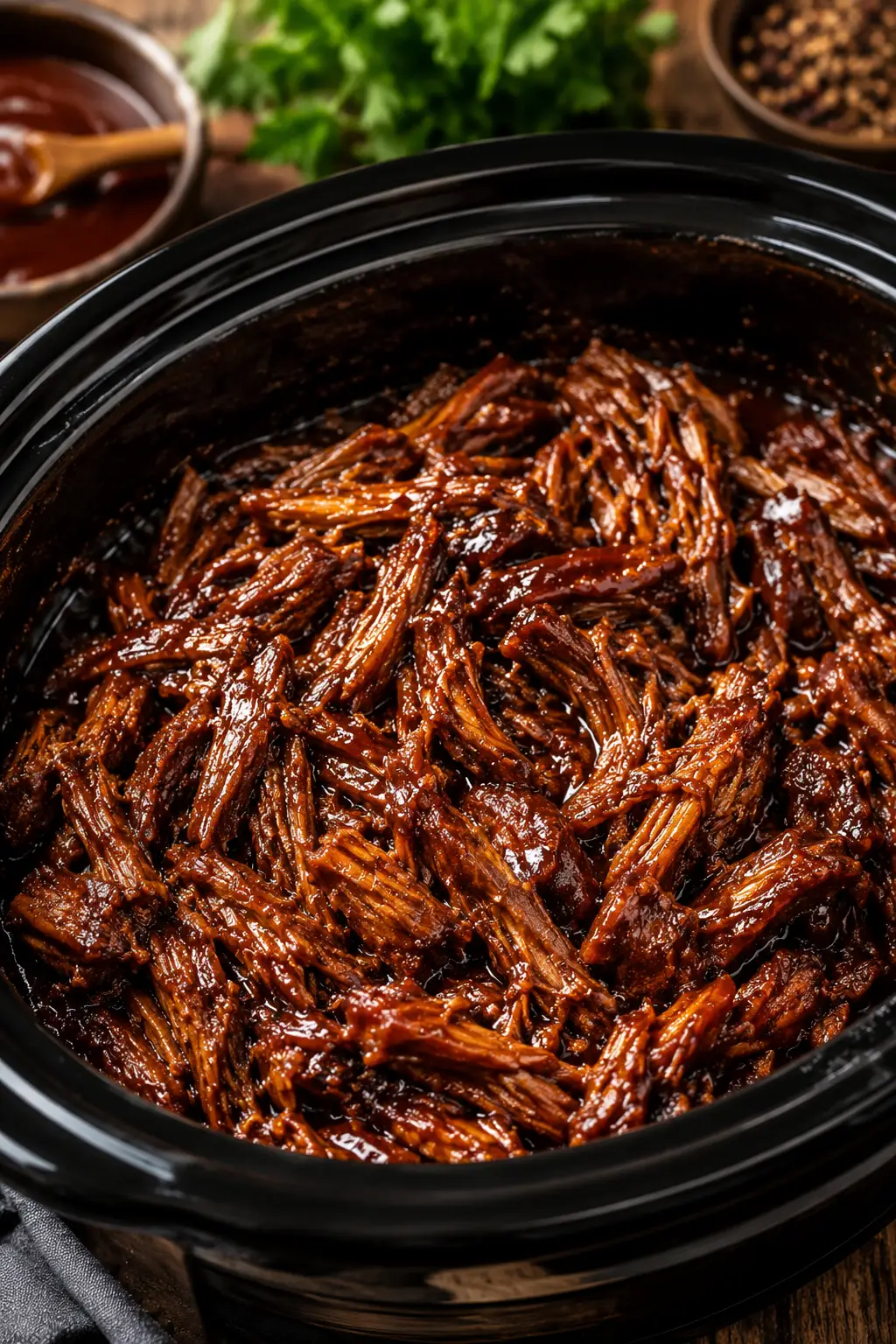 Tender slow cooker BBQ pulled beef coated in smoky homemade barbecue sauce inside a black crockpot.