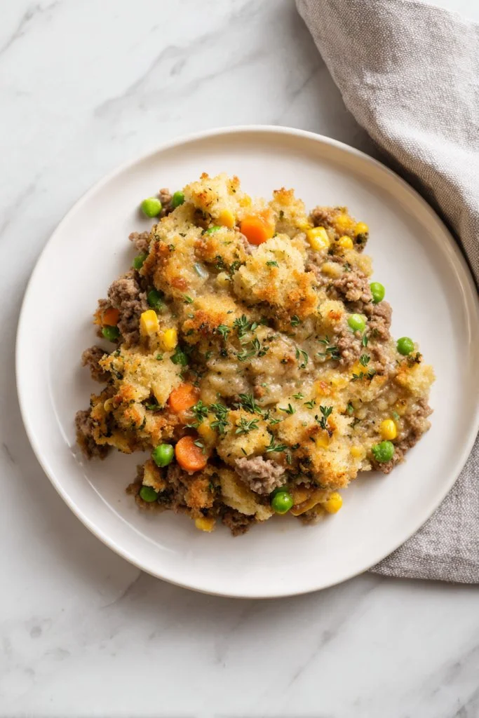Slow cooker beef and stuffing casserole served in a dish