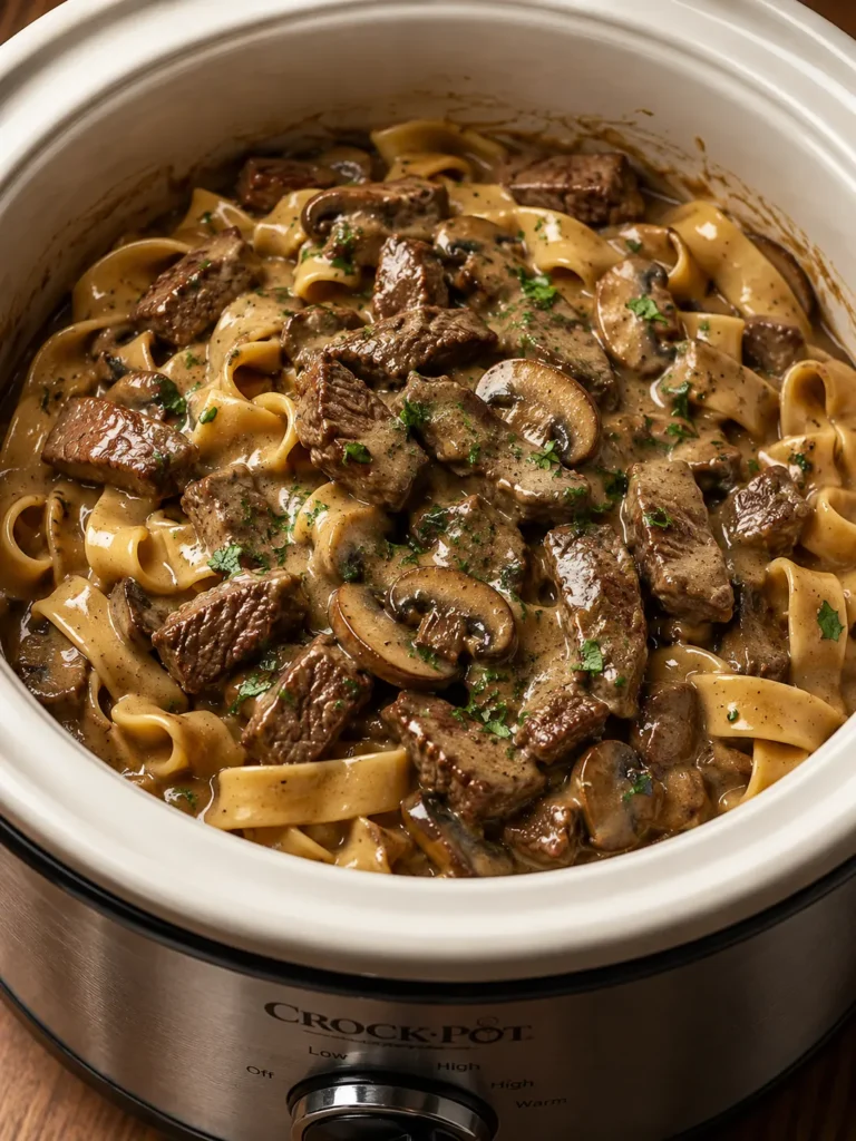 Slow cooker beef noodles with tender beef, mushrooms, creamy gravy, and egg noodles in a crockpot.