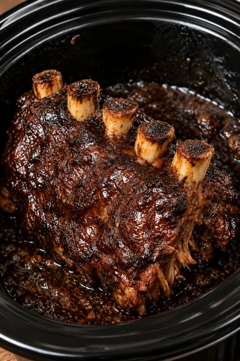 Tender slow cooker beef ribs covered in sticky BBQ sauce inside a crockpot