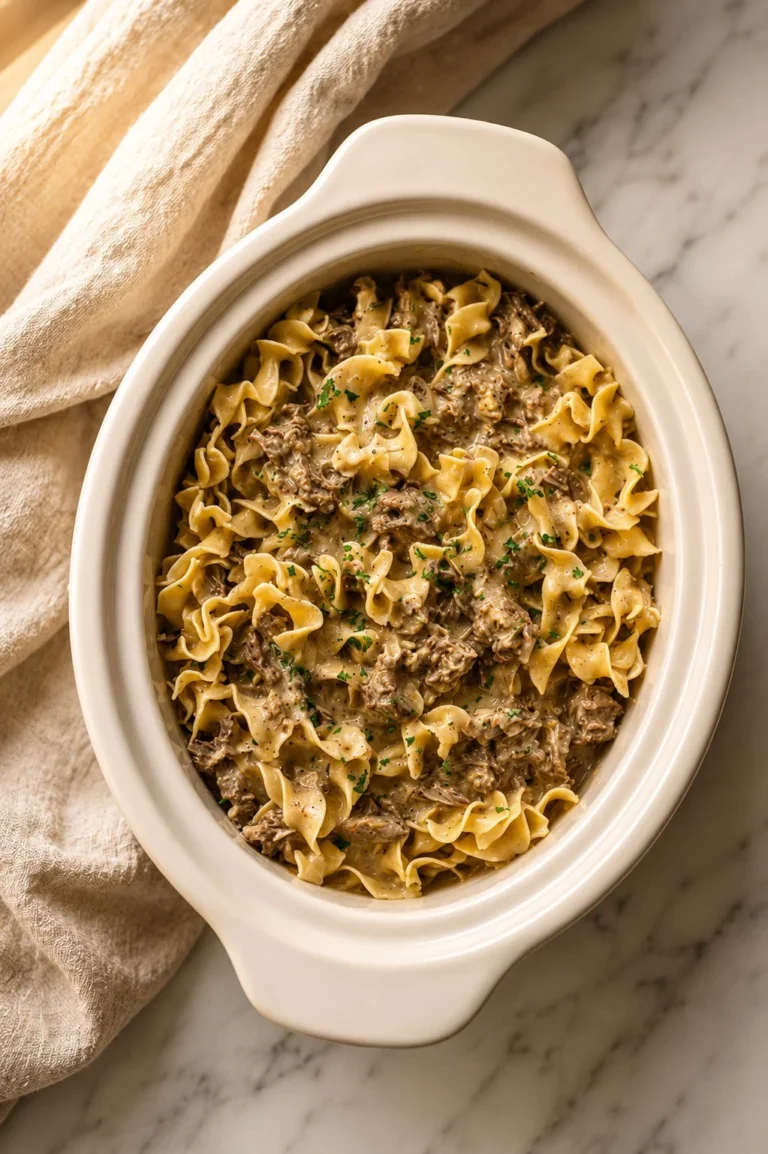 Delicious slow cooker beef stroganoff served with egg noodles.