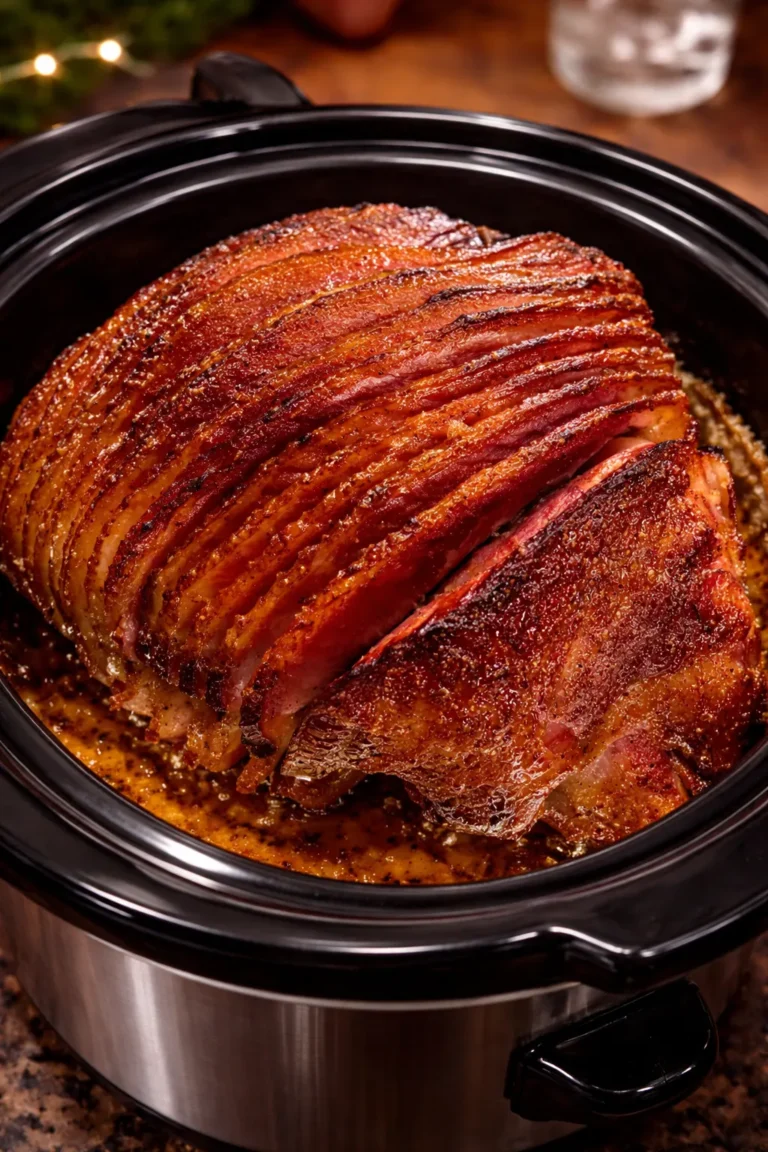 A vertical, close-up shot of a spiral-sliced ham cooking in a black slow cooker. The ham has a deep mahogany, caramelized crust and is glistening with a thick brown sugar and maple glaze. The slices are slightly pulled apart, showing the juicy pink meat inside, while the bottom of the pot is filled with bubbling golden juices.