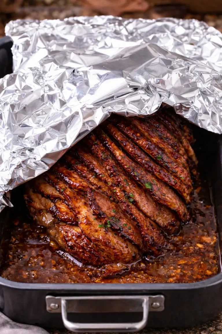 A vertical, close-up shot of a spiral-sliced ham inside a black slow-cooker pot. The ham is glistening with a thick, dark mahogany brown sugar and mustard glaze. A large sheet of crinkled aluminum foil is draped over the top to trap steam. The bottom of the pot is filled with bubbling, syrupy golden juices and caramelized bits of glaze.