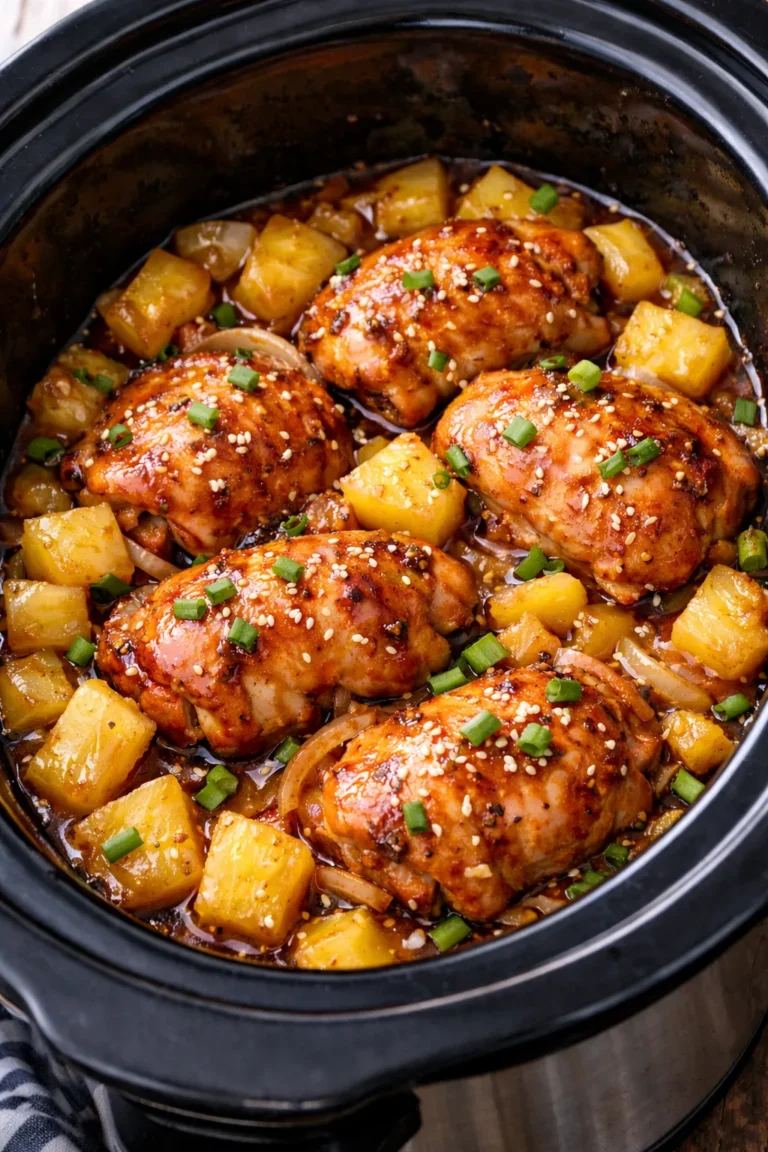 A vertical, top-down shot of a black slow cooker filled with glazed chicken thighs and large, juicy yellow pineapple chunks. The chicken is a deep mahogany color, glistening with a thick, sweet sauce and garnished with a generous sprinkle of white sesame seeds and freshly sliced green onions. Visible pieces of translucent onion are nestled in the rich, dark brown braising liquid.
