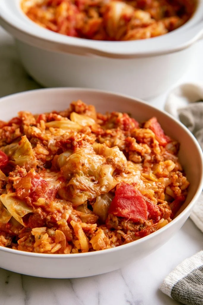Slow Cooker Cabbage Roll Casserole in a serving dish with fresh herbs.