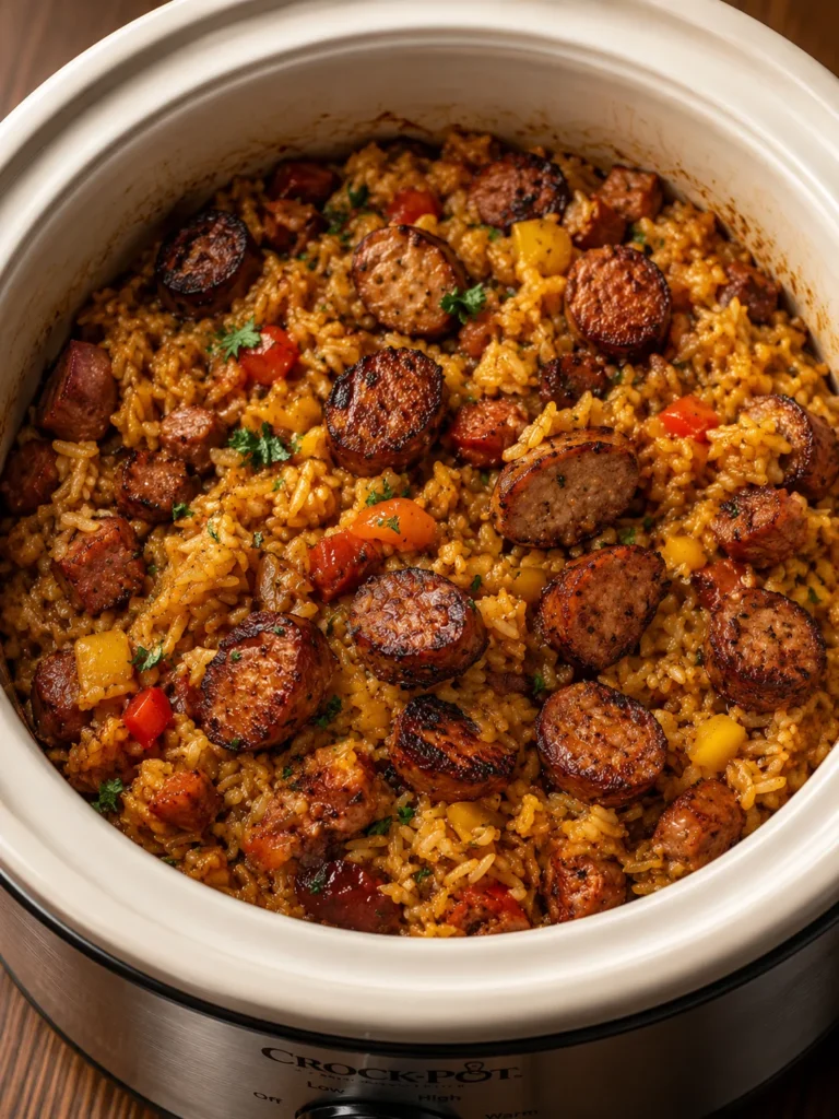 Bowl of slow cooker Cajun sausage rice with smoked sausage, bell peppers, and seasoned rice garnished with fresh parsley.