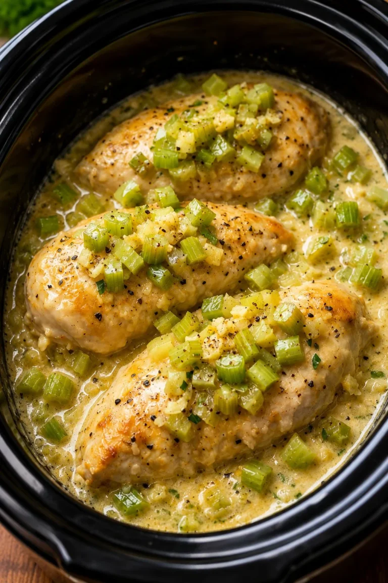 Delicious Slow Cooker Celery Chicken served on a plate with vegetables