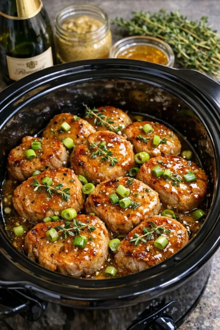 Slow Cooker Champagne Glazed Pork Medallions served on a plate
