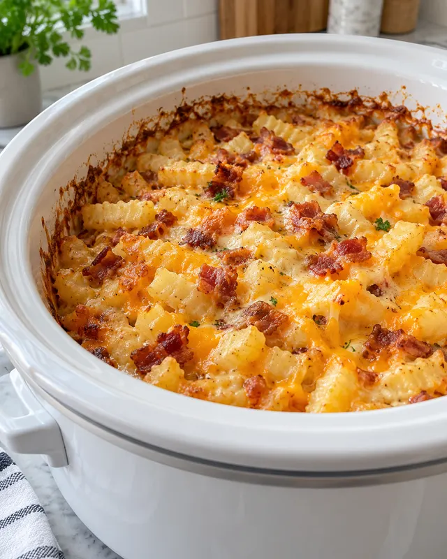 Cheddar bacon hash brown casserole bubbling in a white slow cooker
