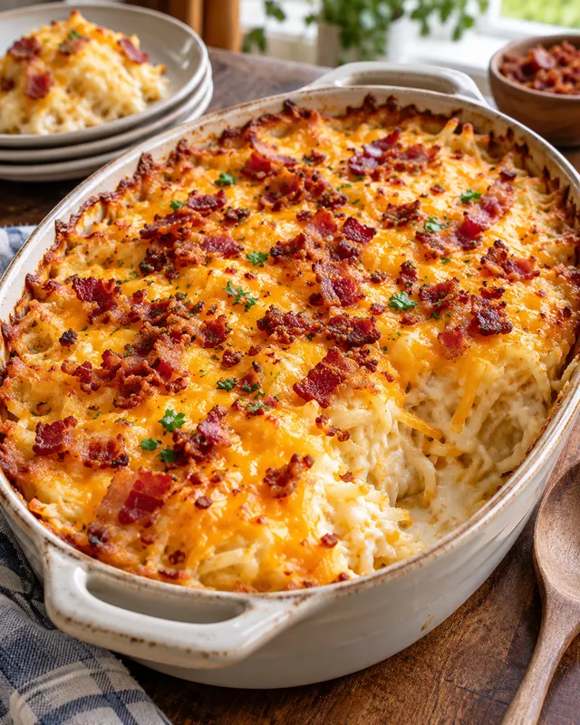 Cheddar bacon hash brown casserole in a serving dish