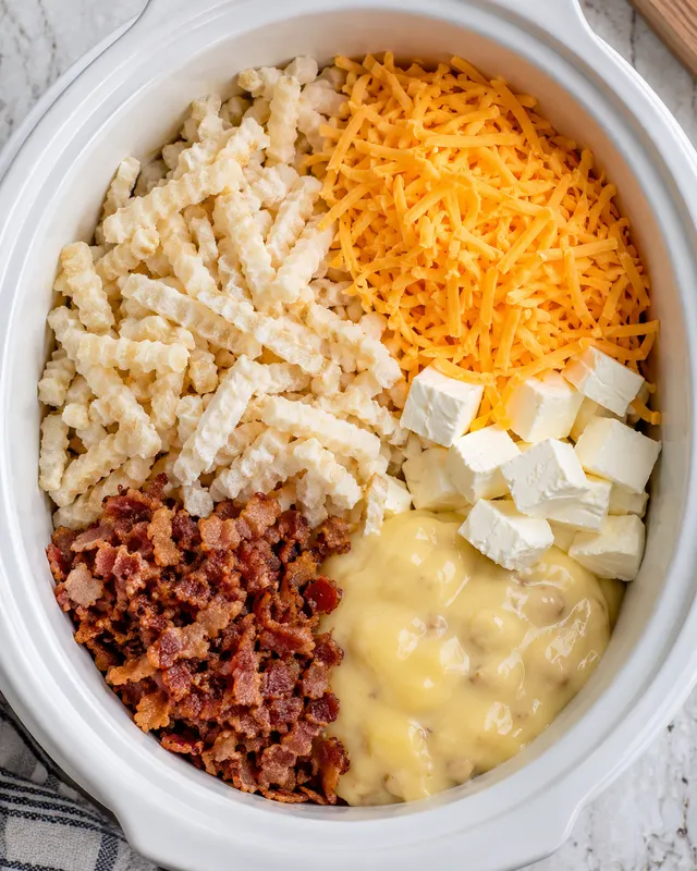 Five ingredients for cheddar bacon hash brown casserole in a slow cooker