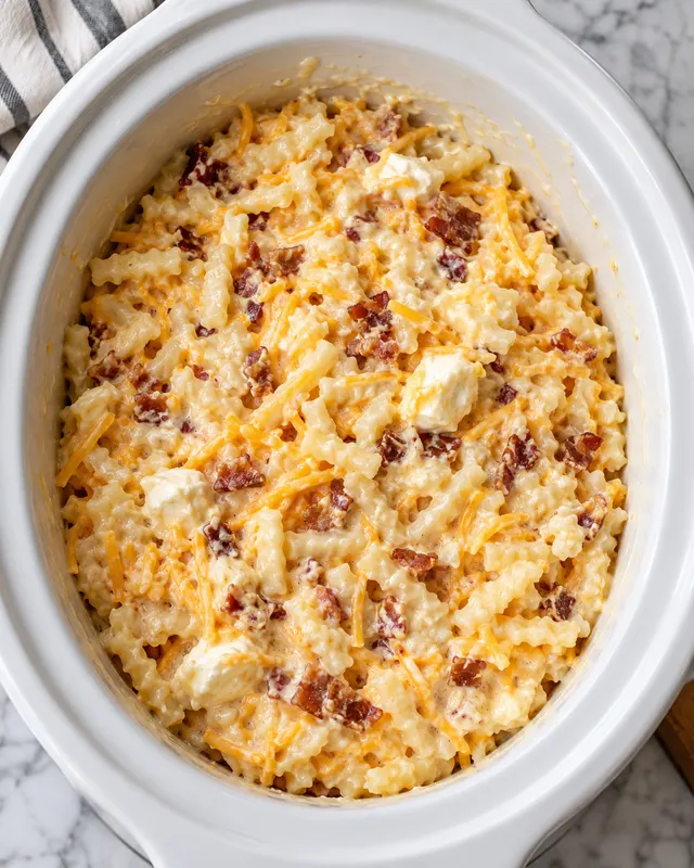 Hash browns, cheese and bacon stirred together before slow cooking