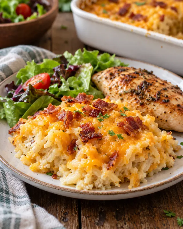 Serving of cheddar bacon hash brown casserole with chicken and salad