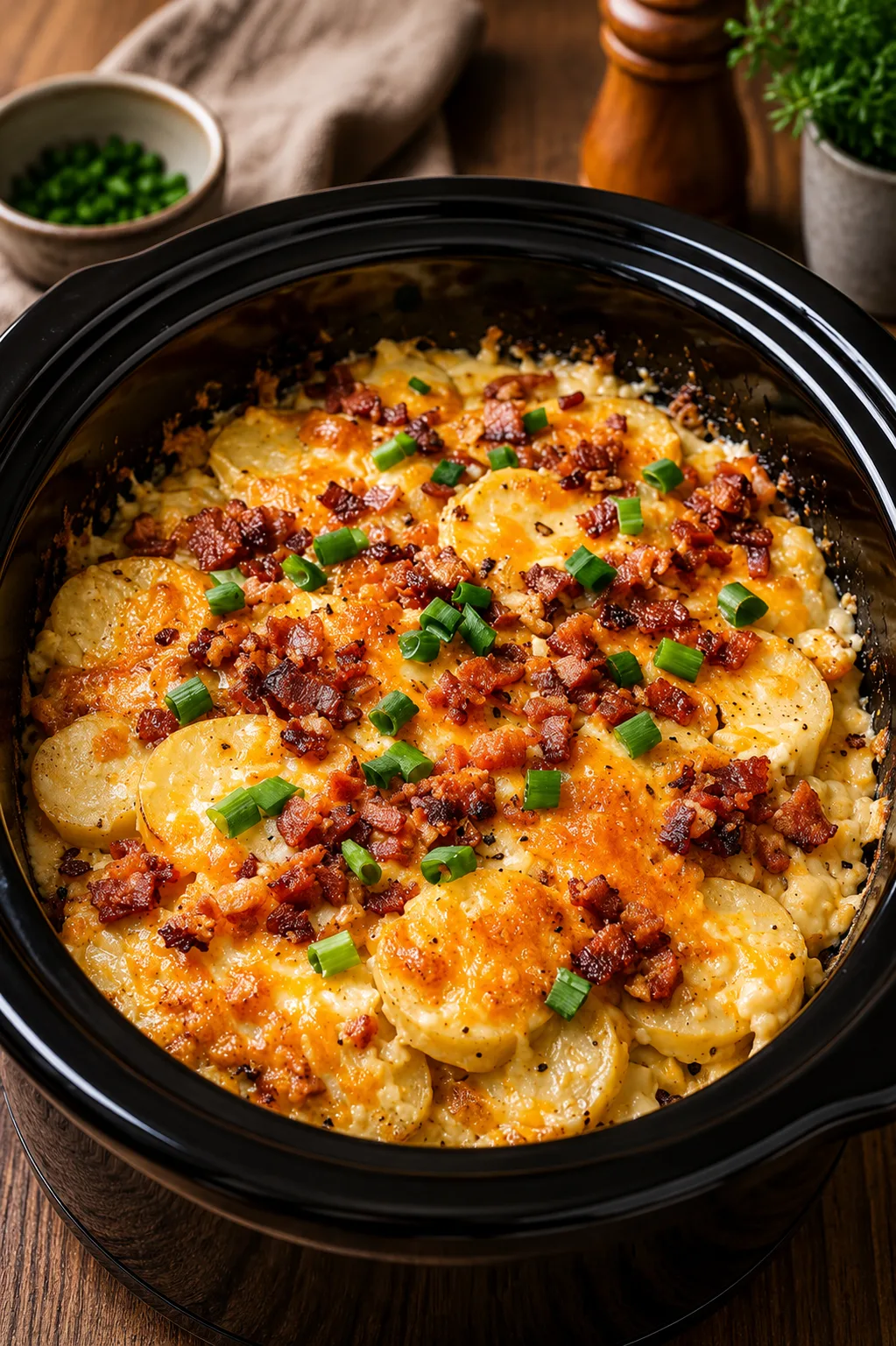 Slow cooker cheesy bacon potatoes topped with cheddar cheese, crispy bacon, and green onions.