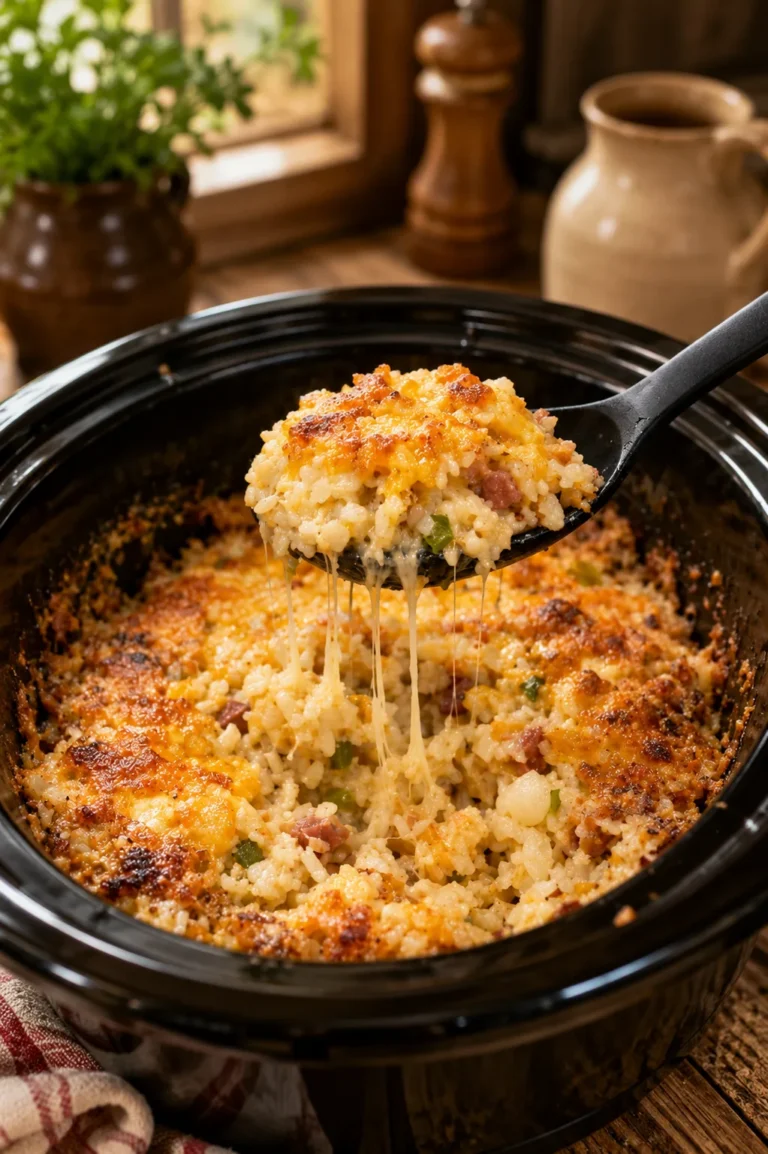 Slow cooker cheesy hash brown casserole with melted cheddar and crispy golden edges