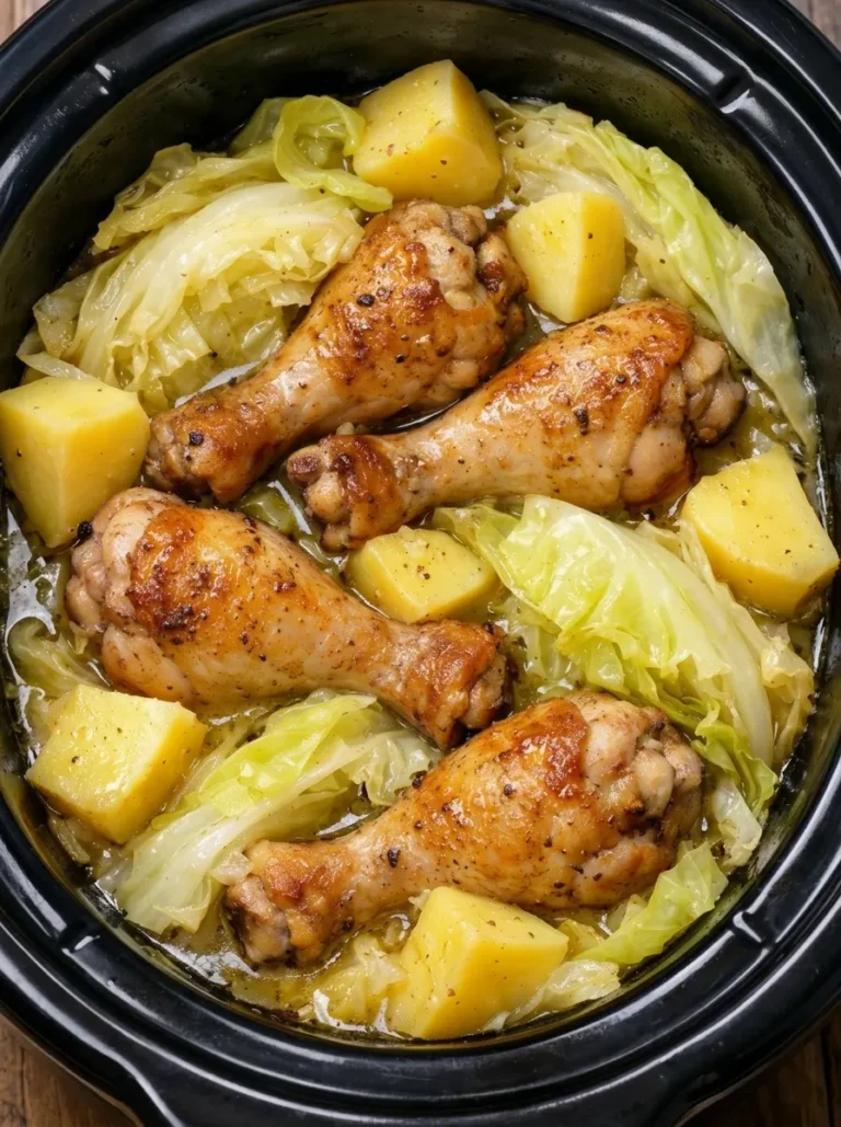 A vertical, top-down view into a black slow cooker containing four golden-brown roasted chicken drumsticks. The chicken is nestled among large wedges of tender green cabbage and cubed golden Yukon Gold potatoes. The ingredients are glistening in a light, savory herb broth with visible flecks of black pepper.