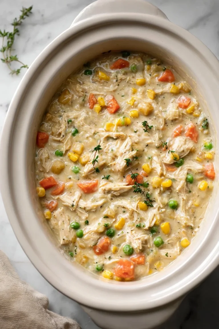 Delicious slow cooker chicken pot pie garnished with herbs