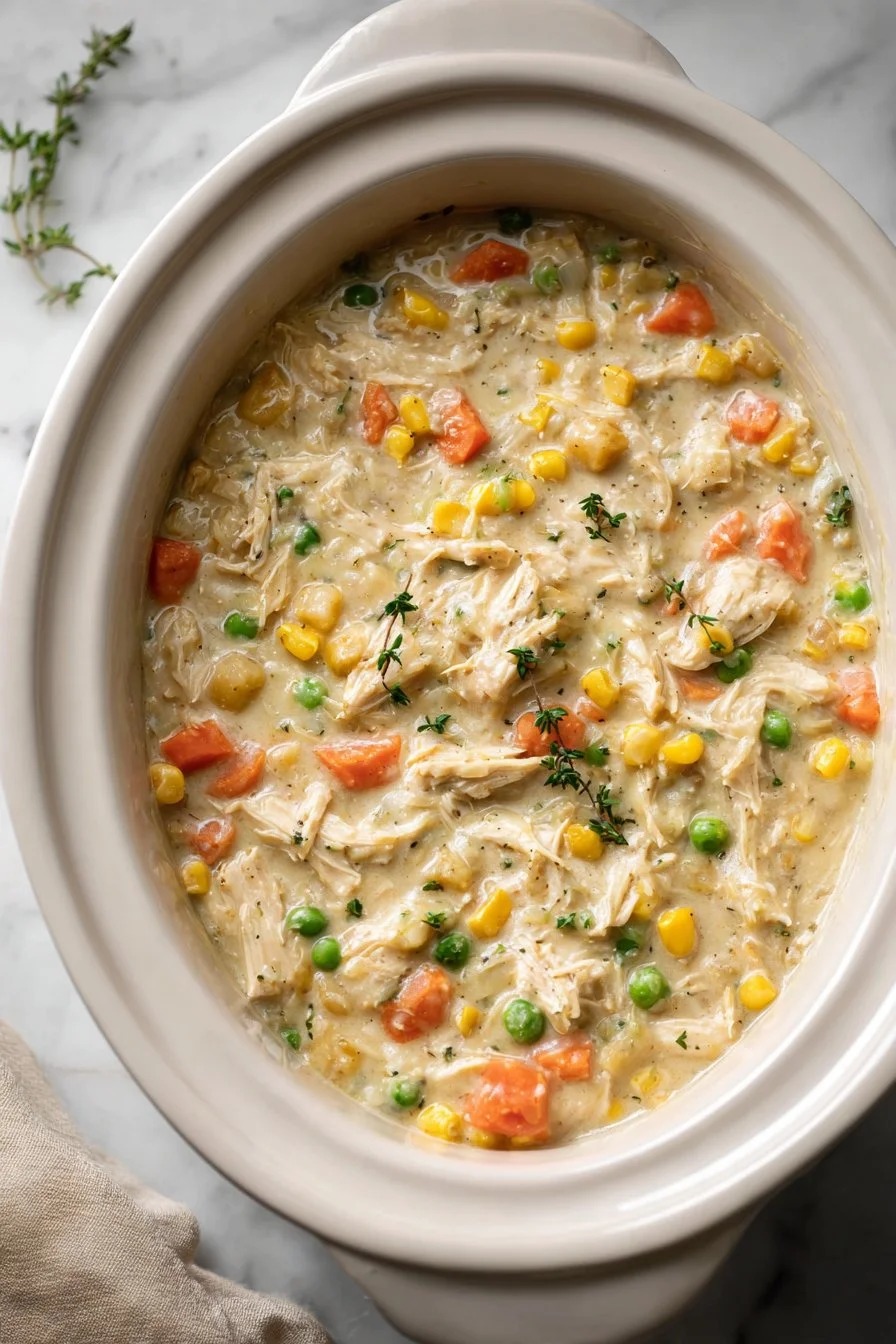 Delicious slow cooker chicken pot pie garnished with herbs