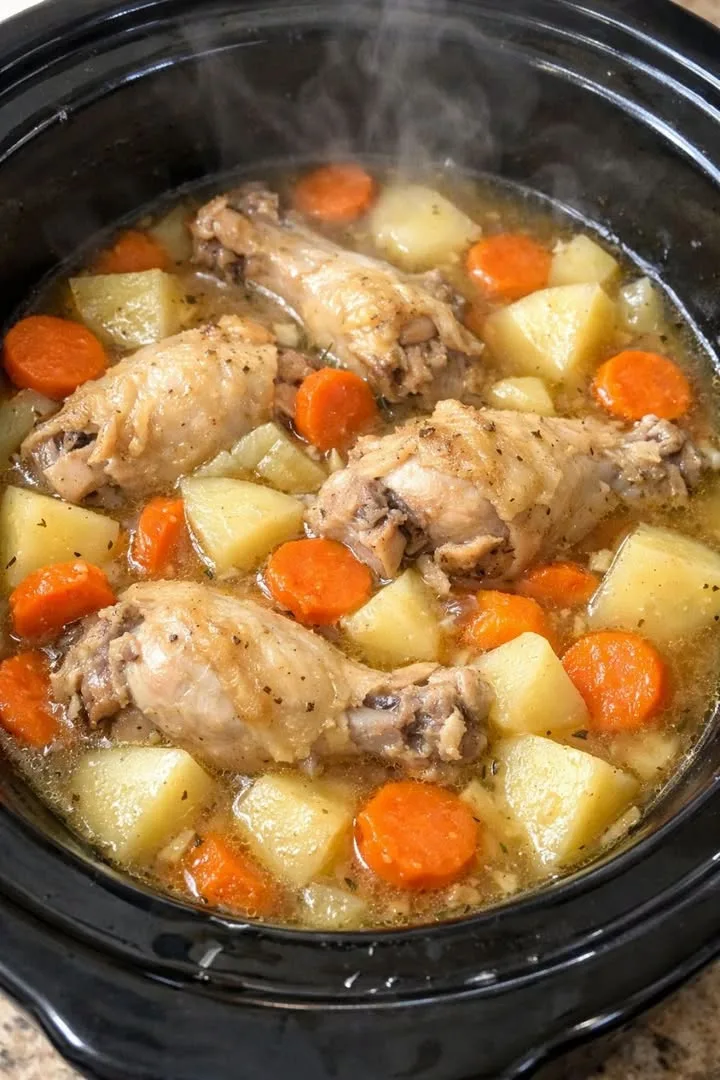 Slow cooker chicken stew with potatoes and carrots in a savory broth.