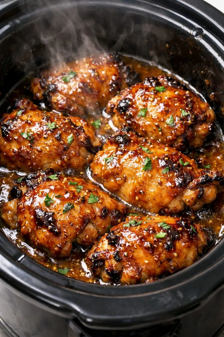slow cooker chicken thighs with sticky garlic honey sauce, tender and juicy chicken served with rich glaze