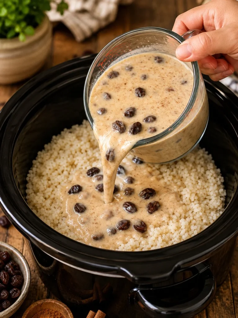 Bowl of slow cooker cinnamon raisin rice pudding topped with cinnamon and raisins