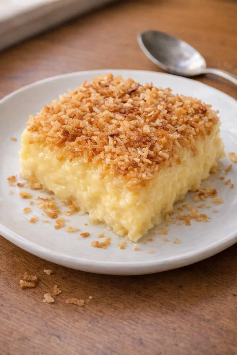 Delicious slow cooker coconut custard in a bowl garnished with coconut flakes.