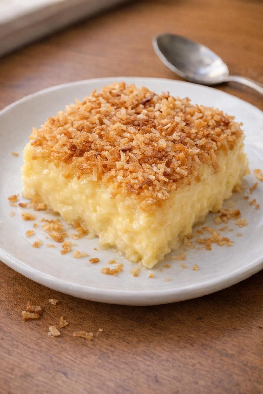 Delicious slow cooker coconut custard in a bowl garnished with coconut flakes.