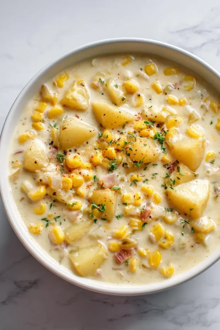 Creamy corn and potato chowder with Yukon Gold potatoes and sweet corn in a white bowl
