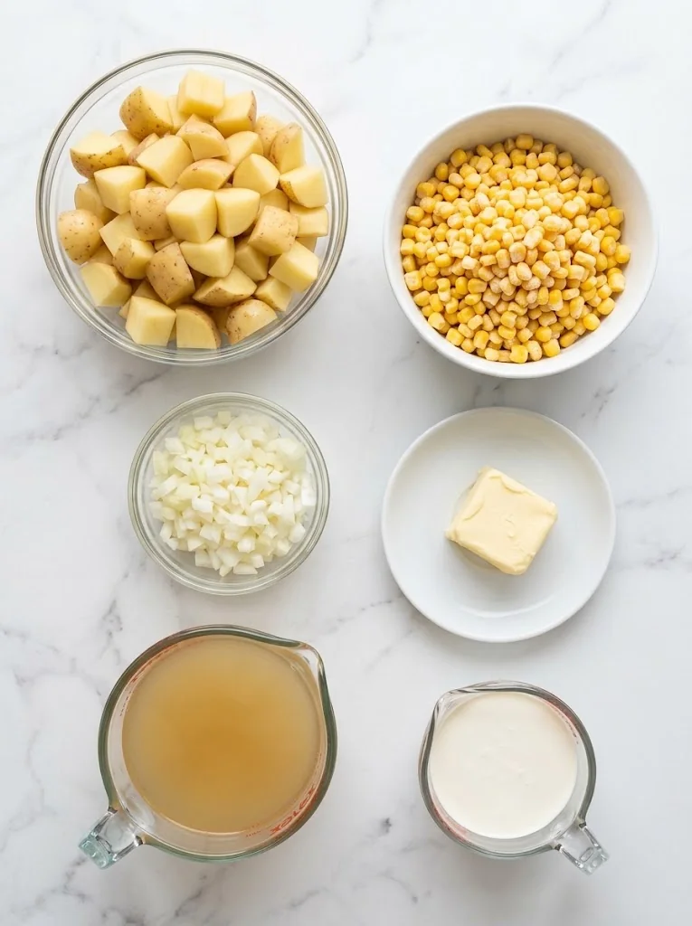 Potatoes, corn, onion, broth, butter and cream arranged for slow cooker chowder
