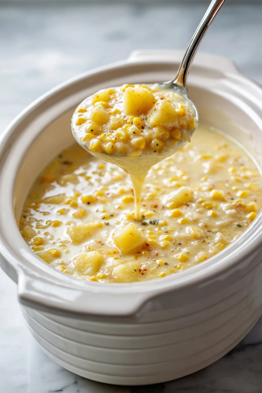 Spoon lifting creamy corn and potato chowder from a white slow cooker