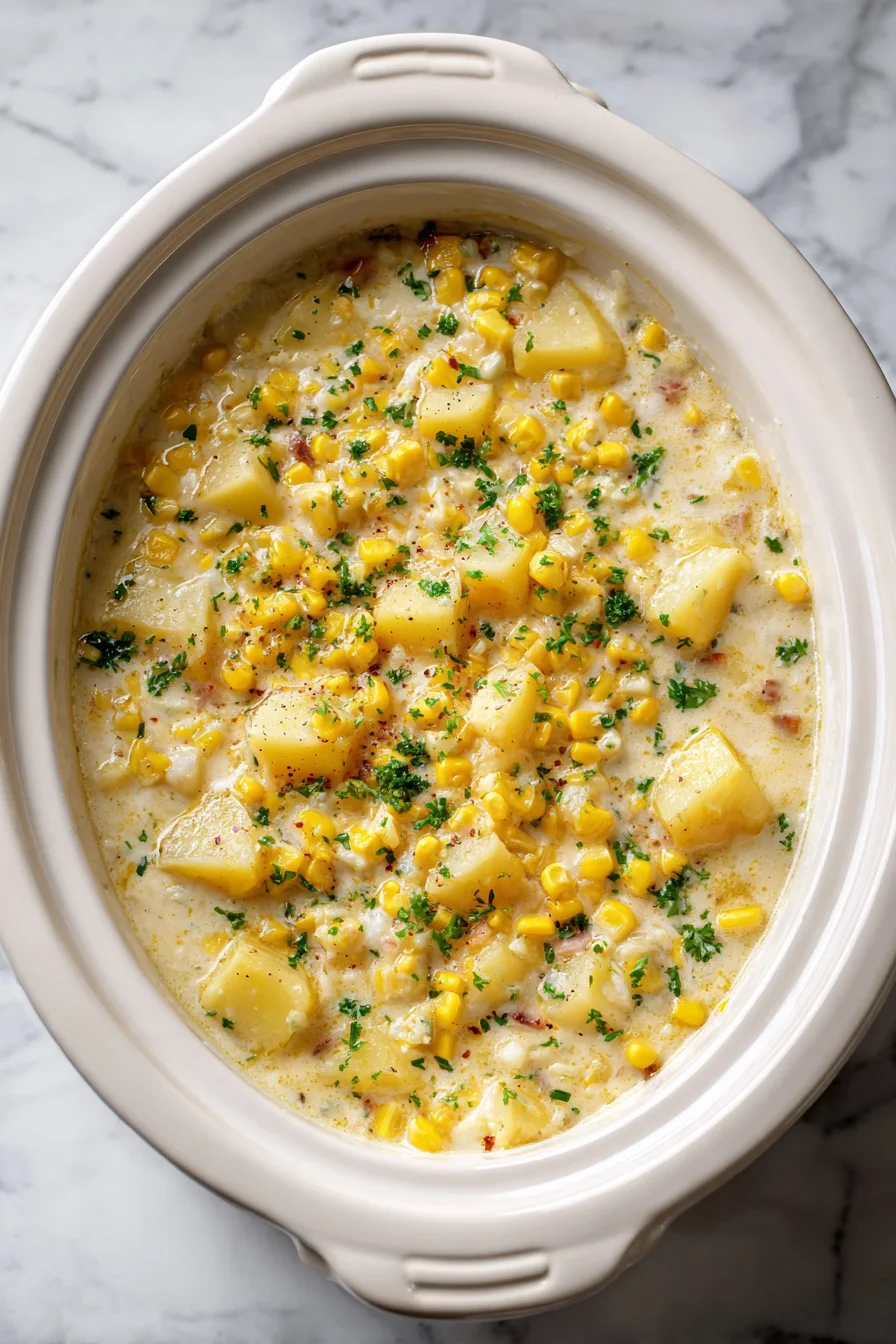 Creamy corn and potato chowder cooking in a white slow cooker