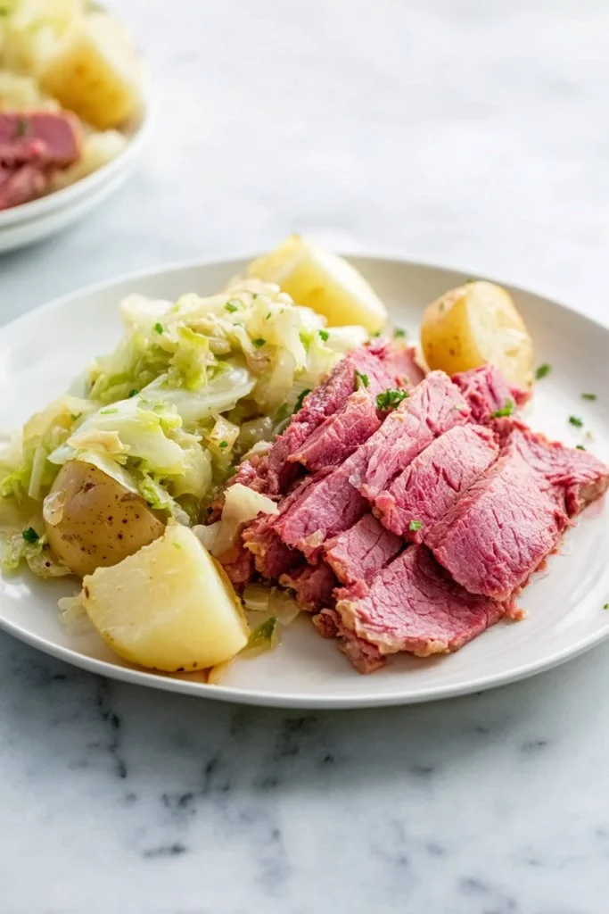 Slow cooker corned beef and cabbage dish served with vegetables
