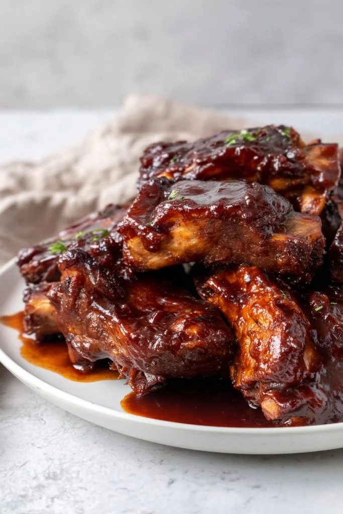 Delicious slow cooker country style pork ribs served with barbecue sauce.