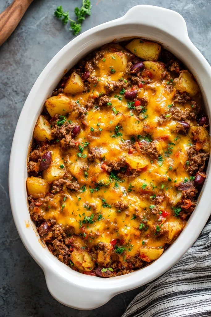 Delicious slow cooker cowboy casserole with beef, beans, and cheese.