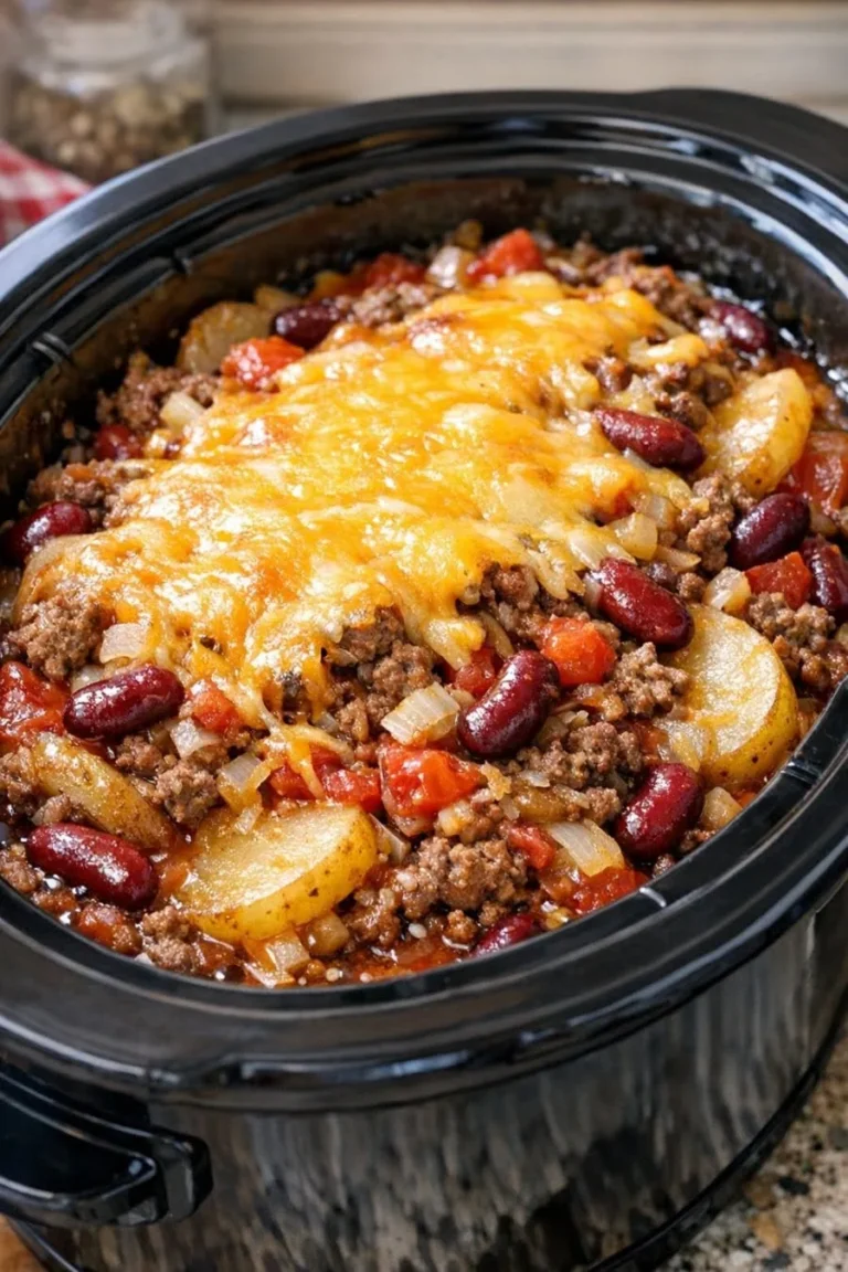 Cheesy slow cooker cowboy casserole with ground beef, potatoes, beans, and melted cheddar cheese.