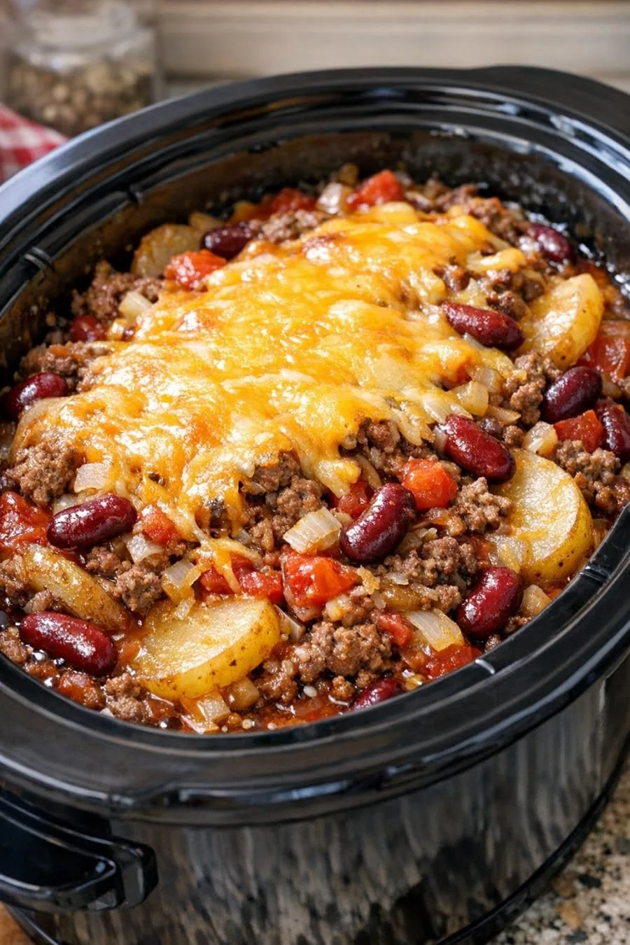 Cheesy slow cooker cowboy casserole with ground beef, potatoes, beans, and melted cheddar cheese.