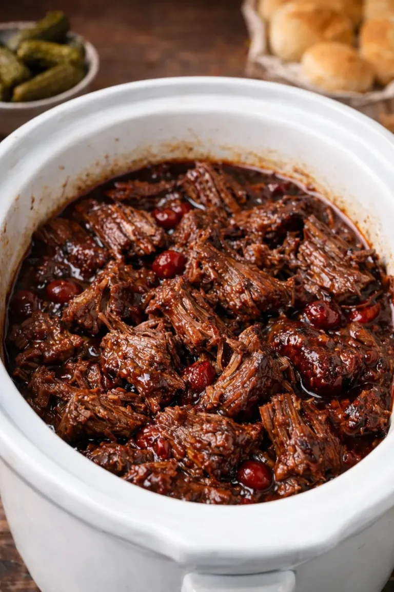 A high-angle, vertical photo of shredded beef chuck roast in a white slow cooker. The meat is coated in a dark, glossy cranberry BBQ sauce and garnished with several bright red, whole cooked cranberries. The background shows a blurry bowl of pickles and golden dinner rolls.