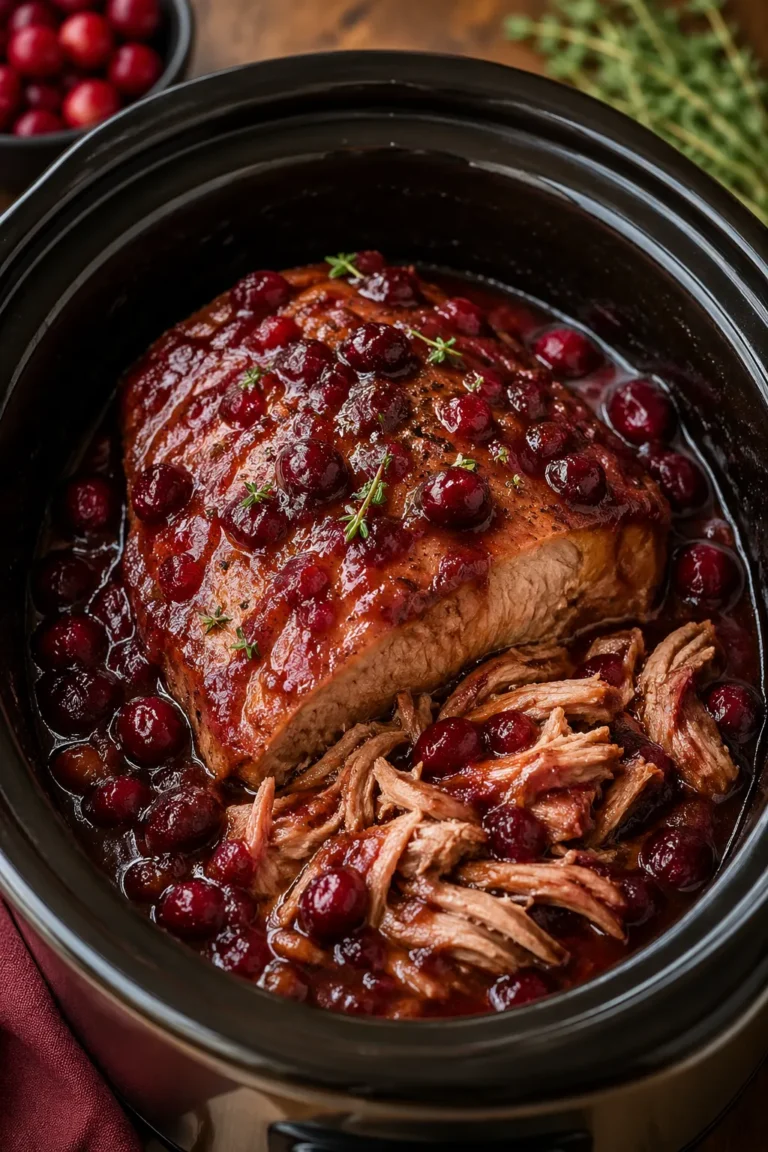 Slow cooker cranberry pork roast with tender shredded pork and rich cranberry sauce