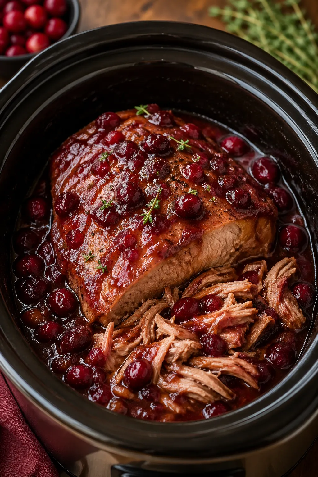 Slow cooker cranberry pork roast with tender shredded pork and rich cranberry sauce