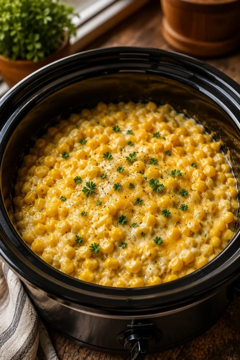 Slow cooker creamy cheesy corn dish ready to serve, topped with cheese and seasoning.