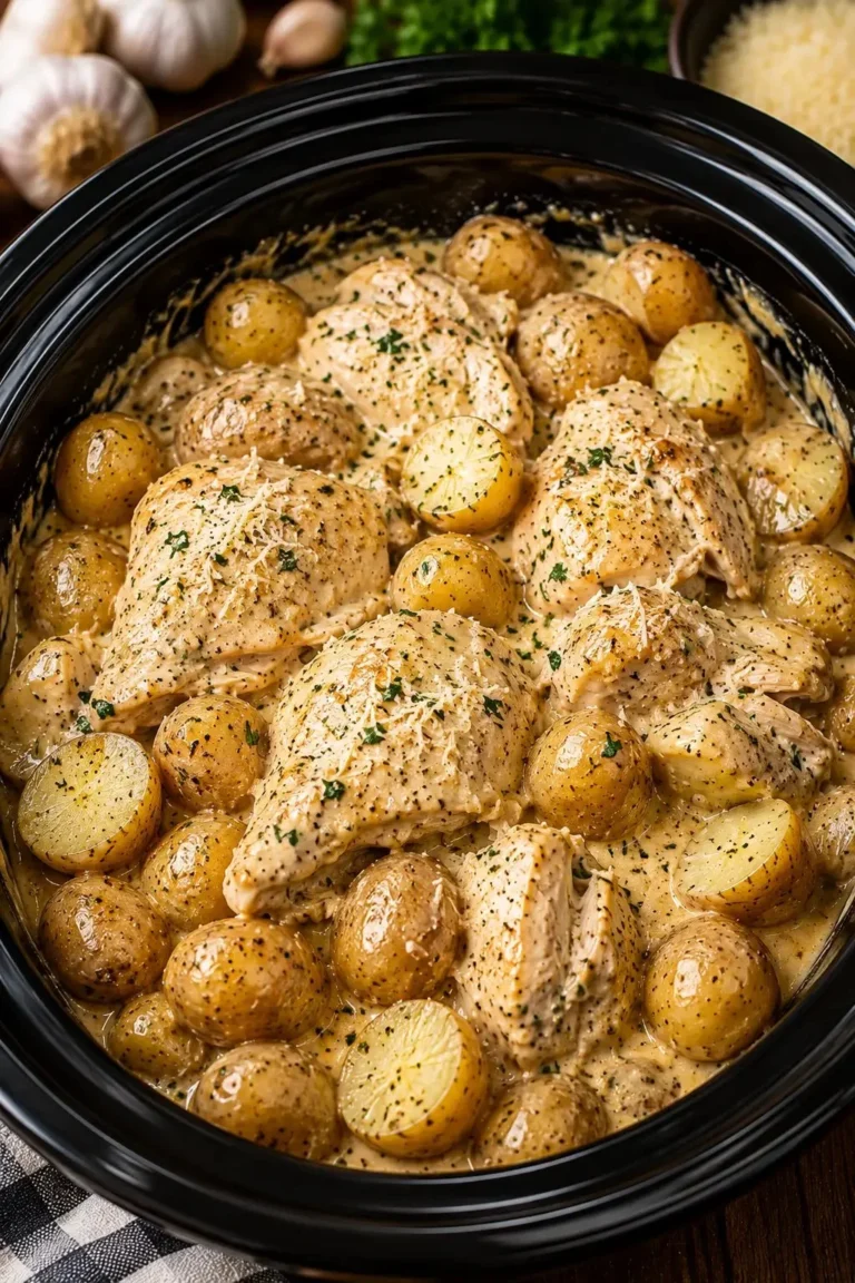 Slow cooker creamy garlic parmesan chicken served with butter baby potatoes.
