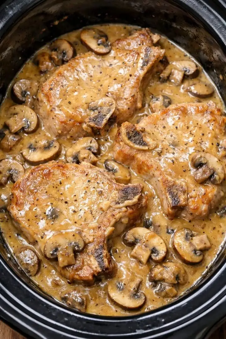 Slow Cooker Creamy Mushroom Pork Chops served with creamy mushroom gravy over mashed potatoes.