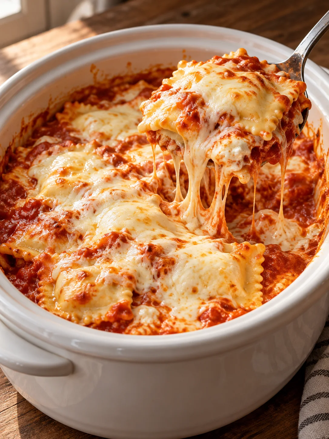 Creamy slow cooker ravioli with marinara and melted mozzarella